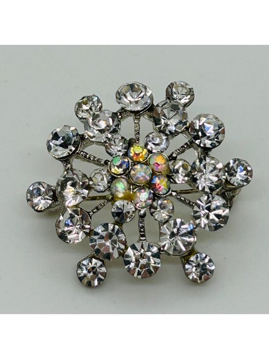 Estate Jewelry - Rhinestone Starburst Snowflake Brooch Aurora Borealis Silver Tone Clear Vintage
